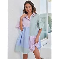 Women's Dress Dresses for Women Striped & Colorblock Bell Sleeve Dress (Color : Multicolor, Size : X-Small)