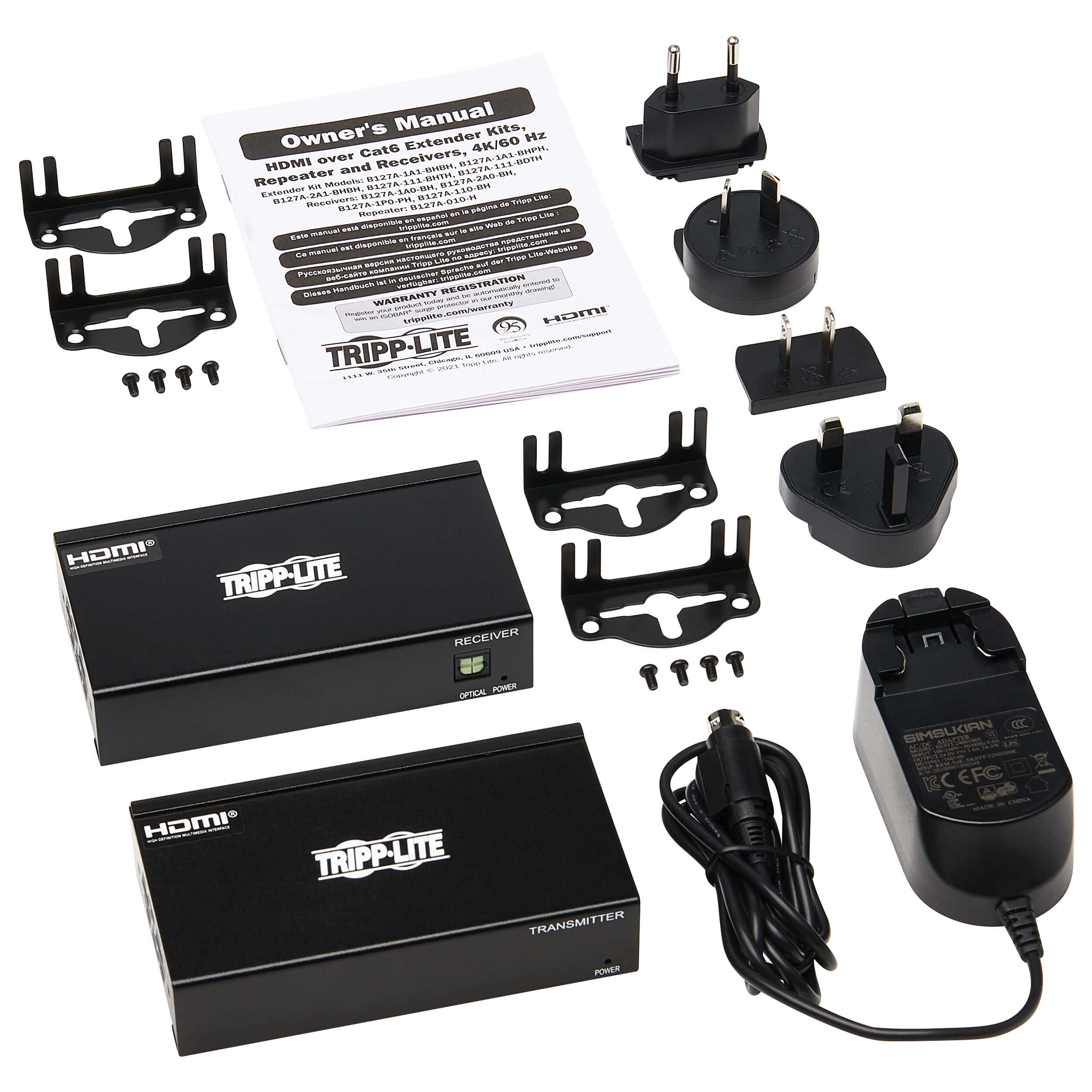 Tripp Lite HDMI Over Ethernet Cat6 Extender Kit Transmitter/Receiver - Up to 230 feet or 70.1 Meters - 4K 60Hz Video, HDR, PoC, TAA Compliant (B127A-2A1-BHBH)
