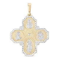 14K Two Tone Gold Jesus Christ Four-Way Cross Religious Square Edge Charm Large Pendant For Necklace or Chain