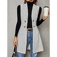 Jackets for Women - Plaid Double Breasted Lapel Collar Vest Coat (Color : White, Size : Medium)