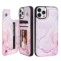 Women Phone Wallet Case Compatible for iPhone 15 pro with Card Holder,Premuim Leather with Marble Pattern add Charms,Easily 3 Cards,Kickstand,Raised coner More Protections(Pink,6.1inch)