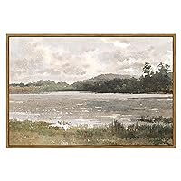VIYYIEA Vintage Nature Large Framed Wall Art, Lakeside Landscape Paintings Art Decor Aesthetic, Canvas Print Artwork, Retro Scenery Wall Pictures for Bedroom Bathroom Office 24X36 Inch