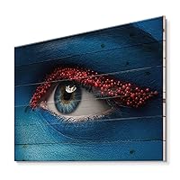 Female Eye With Blue Paint On Face & Red Balls Modern & Contemporary Wood Wall Decor, Red Wood Wall Art, Large People Wood Wall Panels Printed On Natural Pine Wood Art
