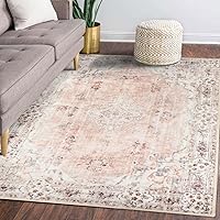 MUJOO 5'x7' Area Rugs Pink Machine Washable Boho Rug for Bedroom,Living Room, Laundry Room Kitchen Non Slip Carpet Abstract Soft Low-Pile Floral