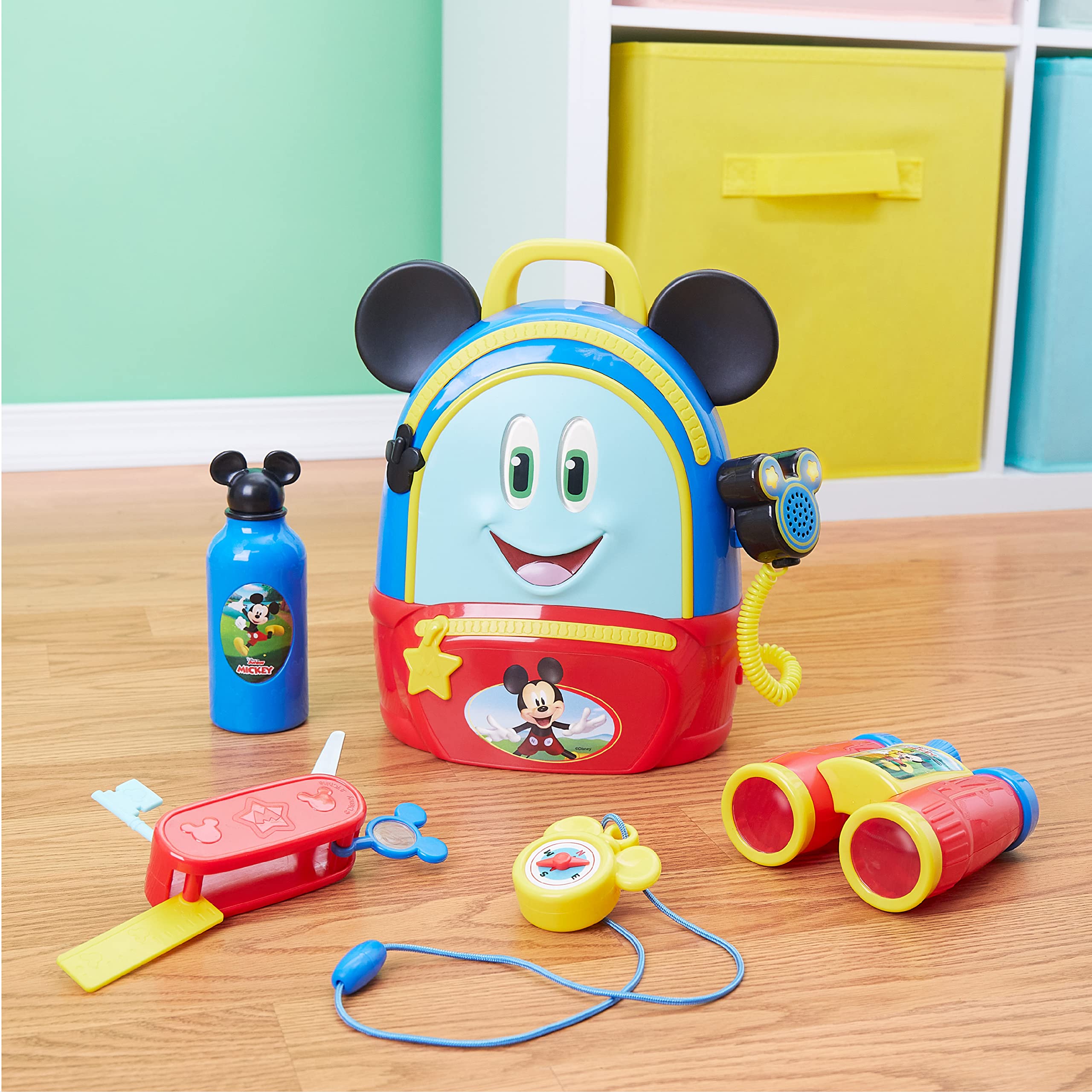 Disney Junior Mickey Mouse Funhouse Adventures Backpack, 5 Piece Pretend Play Set with Lights and Sounds Accessories, by Just Play