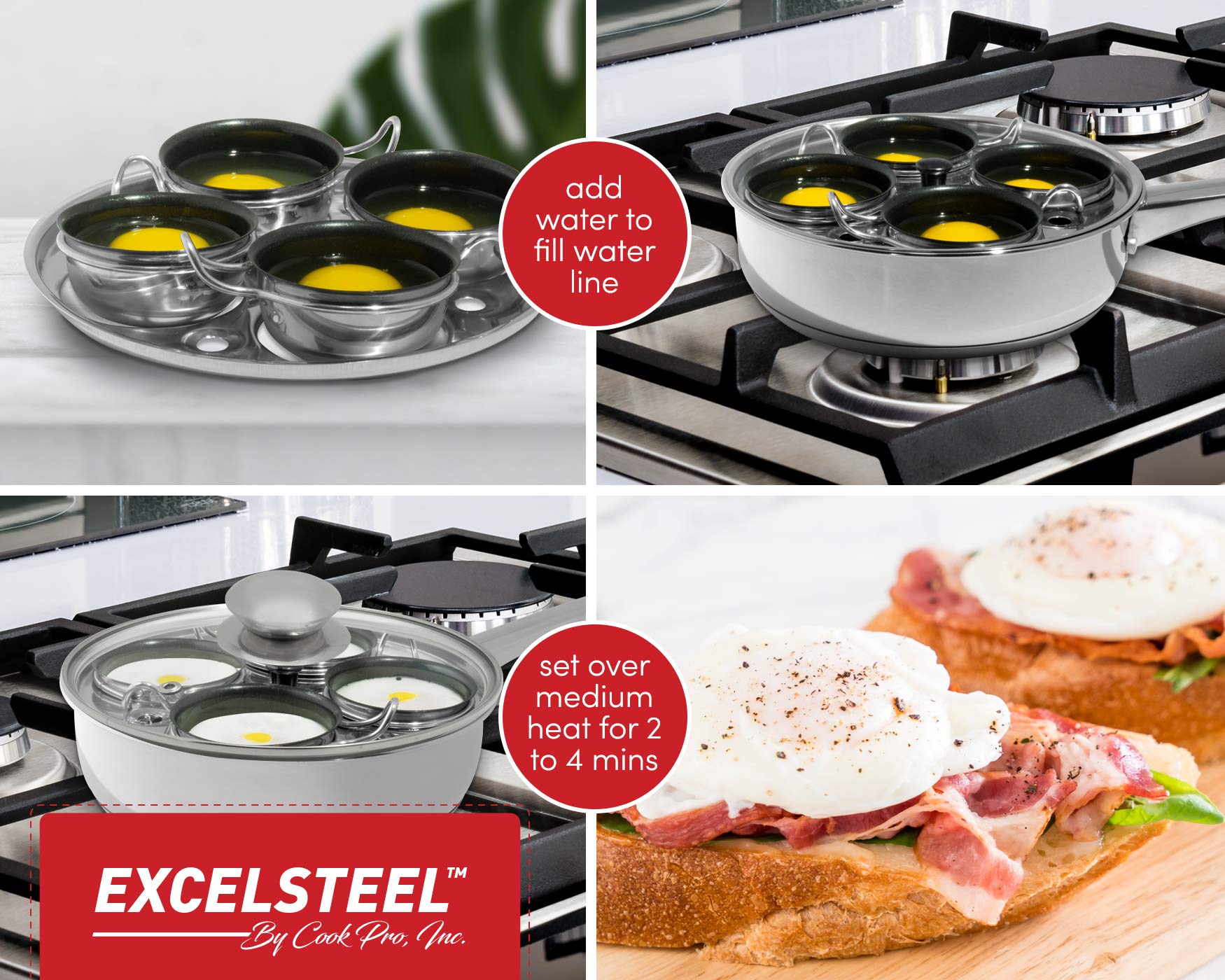 EXCELSTEEL Non Stick Easy Use Rust Resistant Home Kitchen Breakfast Brunch Induction Cooktop Egg Poacher, 4 Cups, 18/10 Stainless Steel
