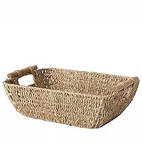 Artera Shallow Wicker Storage Basket - Medium Woven Seagrass Baskets with Wooden Handles for Bathroom, Kitchen Pantry Organizing, Perfect as Drawers, 15