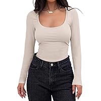 Womens Long Sleeve Square Neck Basic Tops Ribbed Fall Slim Fit Tops for Women 2023 Trendy Shirt