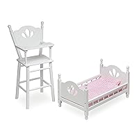 Badger Basket Toy Doll English Country High Chair and Bed Set with Chevron Bedding and Personalizatin Kit for 18 inch Dolls - White/Pink