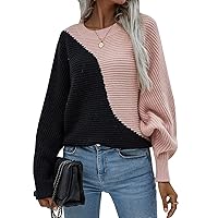PEHMEA Women's Casual Color Block Knit Sweater Crewneck Batwing Puff Long Sleeve Pullover Jumper Tops