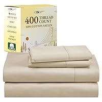 Queen Sheet Set 100% Cotton 400 Thread Count Sateen Cotton Sheets - Soft, Breathable & Cooling, 4-Pc Deep Pocket Bed Sheets - Beige