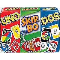 Mattel Games Set of 3 Card Games, UNO, DOS Second Edition & Skip-Bo, Travel & Camping Games in Storage Tin Box