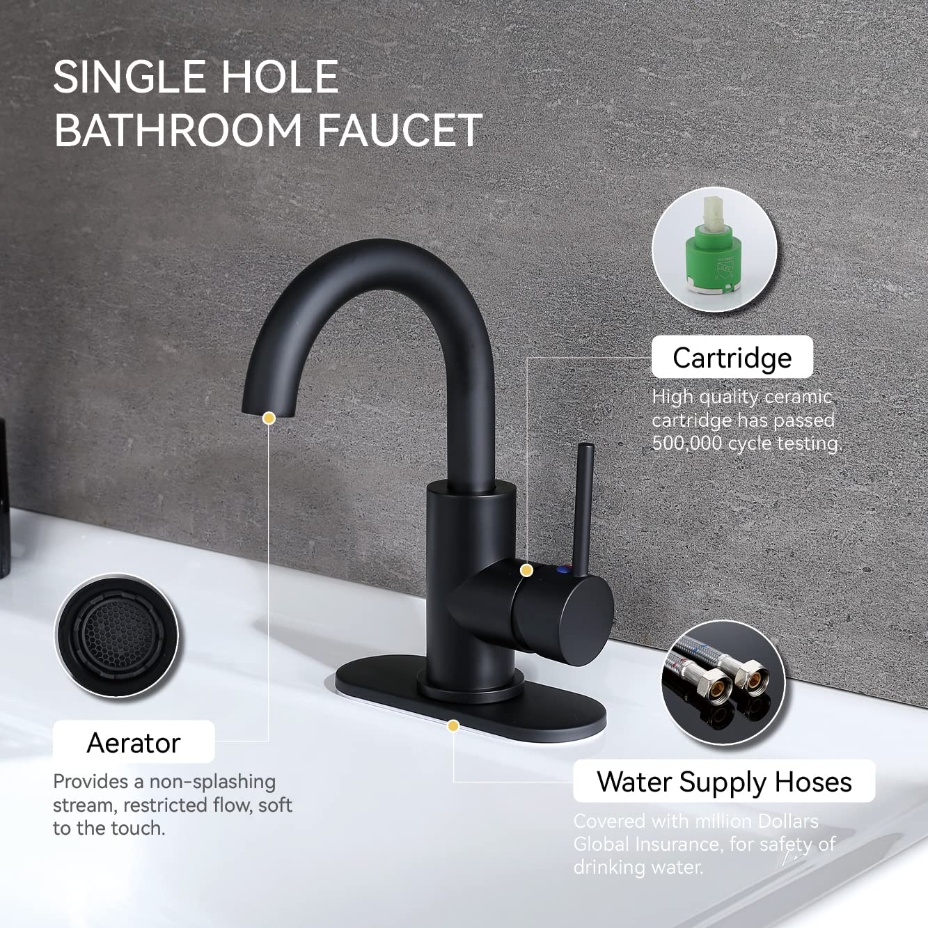 RKF Single-Handle Bathroom Sink Faucet, Swivel Spout, with Pop-up Drain with Overflow and Supply Hose,Bar Sink Faucet,Small Kitchen Faucet Tap,Matte Black,BF3501P-MB