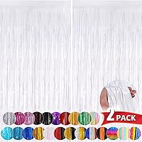 White Metallic Tinsel Foil Fringe Curtains, 2 Pack 3.3x8.3 Feet Streamer Backdrop Curtains for Birthday Party Decorations, Halloween Decor, Foil Curtain Backdrop for Bachelorette Party