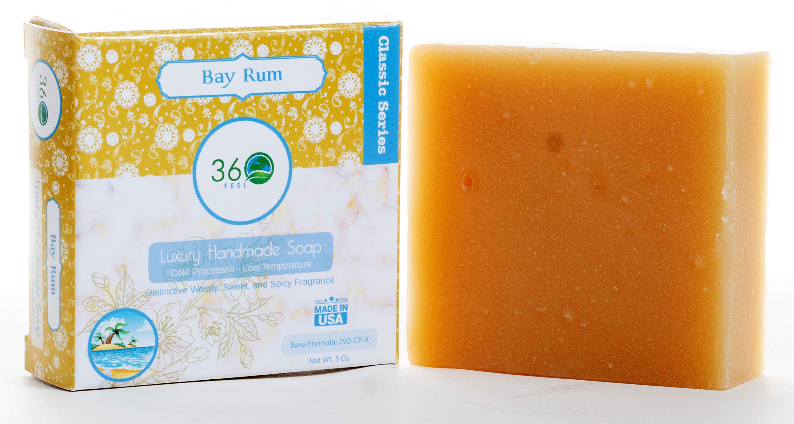 360Feel Bay Rum Soap - 5oz Handmade Mens Soap Bar with Natural Woodsy Sweet, Spicy Scent and Homemade Bay Rum Shaving Soap- Gift for Men - Castile Man Soaps bar - Gift ready