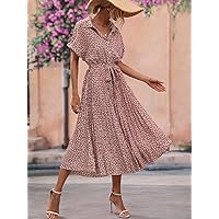 2023 Women's Dresses Ditsy Floral Print Batwing Sleeve Pleated Hem Belted Shirt Dress Women's Dresses (Color : Dusty Pink, Size : Small)