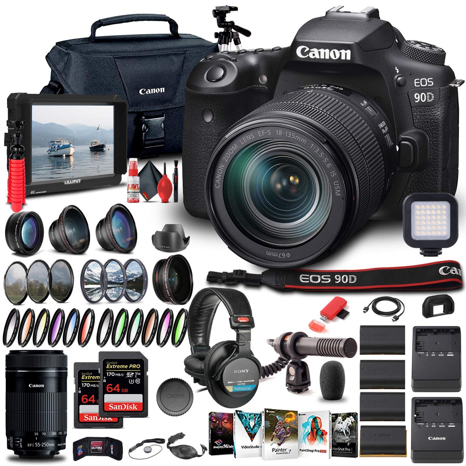 Canon EOS 90D DSLR Camera with 18-135mm Lens (3616C016) + EF-S 55-250mm Lens + 4K Monitor + Pro Headphones + Pro Mic + 2 x 64GB Memory Card + Case + Corel Photo Software + Pro Tripod + More (Renewed)