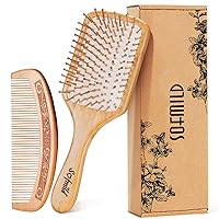 Hair Brush-Natural Wooden Bamboo Brush and Wooden Comb Set Paddle Hairbrush for Women Men and Kids Make Thick Curly Hair Health and Massage Scalp