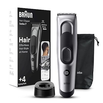 Braun Hair Clippers Series 7 7390, Hair Clippers for Men, Hair Clip from Home with 17 Length Settings, Incl. Memory SafetyLock Recall Setting, Ultra-Sharp Blades, 2 Combs, Stand, Pouch, Washable