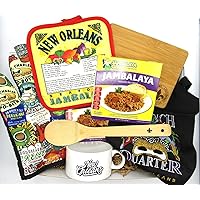 BOX OF CARE GIFT COMPANY- The Jambalaya Box - Bamboo Fleur De Lis Spoon, Food Logo Oven Mitt, French Market Apron, Jambalaya Girl Jambalaya Mix, Jambalaya Pot Holder, Mini Gumbo Bowl and More