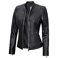 Decrum Black Womens Leather Jacket - Lightweight Motorcycle Jacket Collarless Jackets | [1311523] Maude Black, M