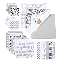 Spasilk 23-Piece Soft Terry Hooded Bath Towel and Washcloth Gift Set, 3 Baby Towels and 20 Baby Washcloths for Newborn Boys and Girls, Baby Bath Essentials, Ideal, White Zebra