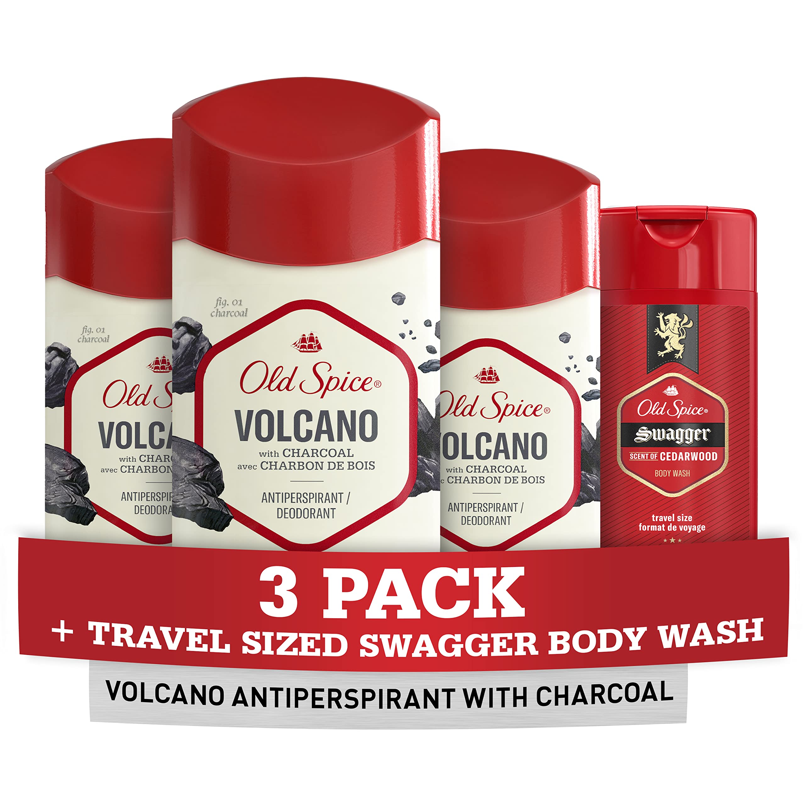 Old Spice Men's Antiperspirant & Deodorant Volcano with Charcoal, 2.6oz Pack of 3 with Travel-Size Swagger Body Wash