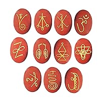 11 Pcs Red Jasper Zonar, Halu, Harth, Gnosa, Rana, Iava, Shanti, Kriya, Dumo, Tibetan Fire Serpent, Om Engraved Karuna Palm Healing Reiki Symbol Crystal Healing Stones Set