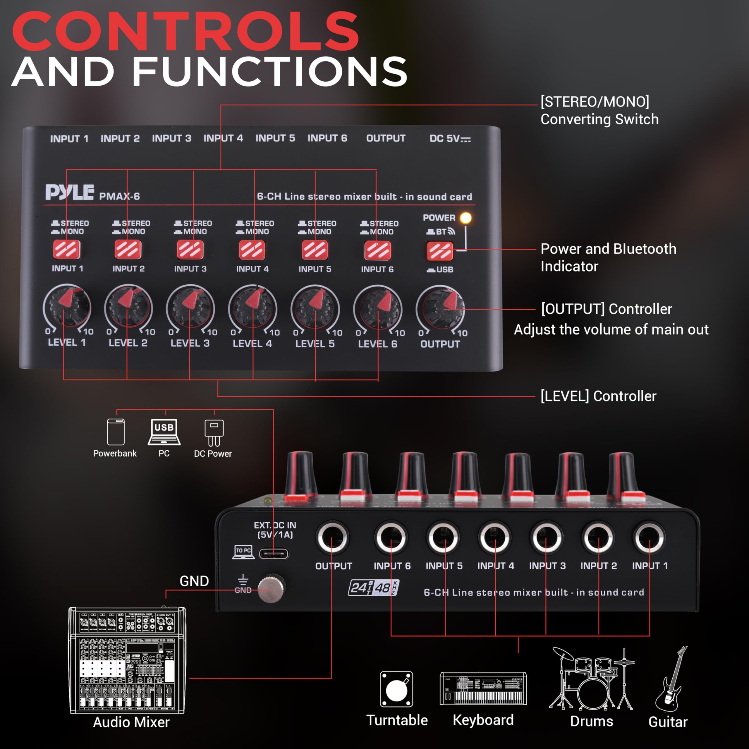 6-Channel Wireless BT Streaming Mini Line Mixer with USB Audio Interface - 6 Mono/Stereo Switching Inputs | Ultra-low Noise Design with High Headroom | Built-in USB Sound Card