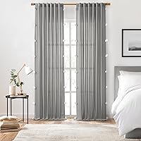 Ardmore Light Filtering Rod Pocket and Back Tab Curtain with Pom Poms (1 Panel), 50 in x 84 in, Grey