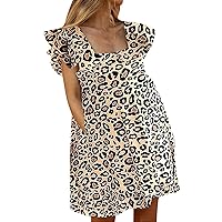 Women Leopard Ruffle Sleeveless Casual Leisure Summer Flowy Babydoll Swing Mini Dress