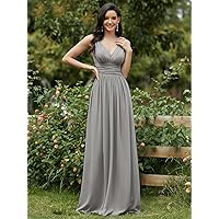 Women's Dress Dresses for Women Ruched Empire Waist Maxi Chiffon Dress Dresses for Women (Color : Gray, Size : Small)