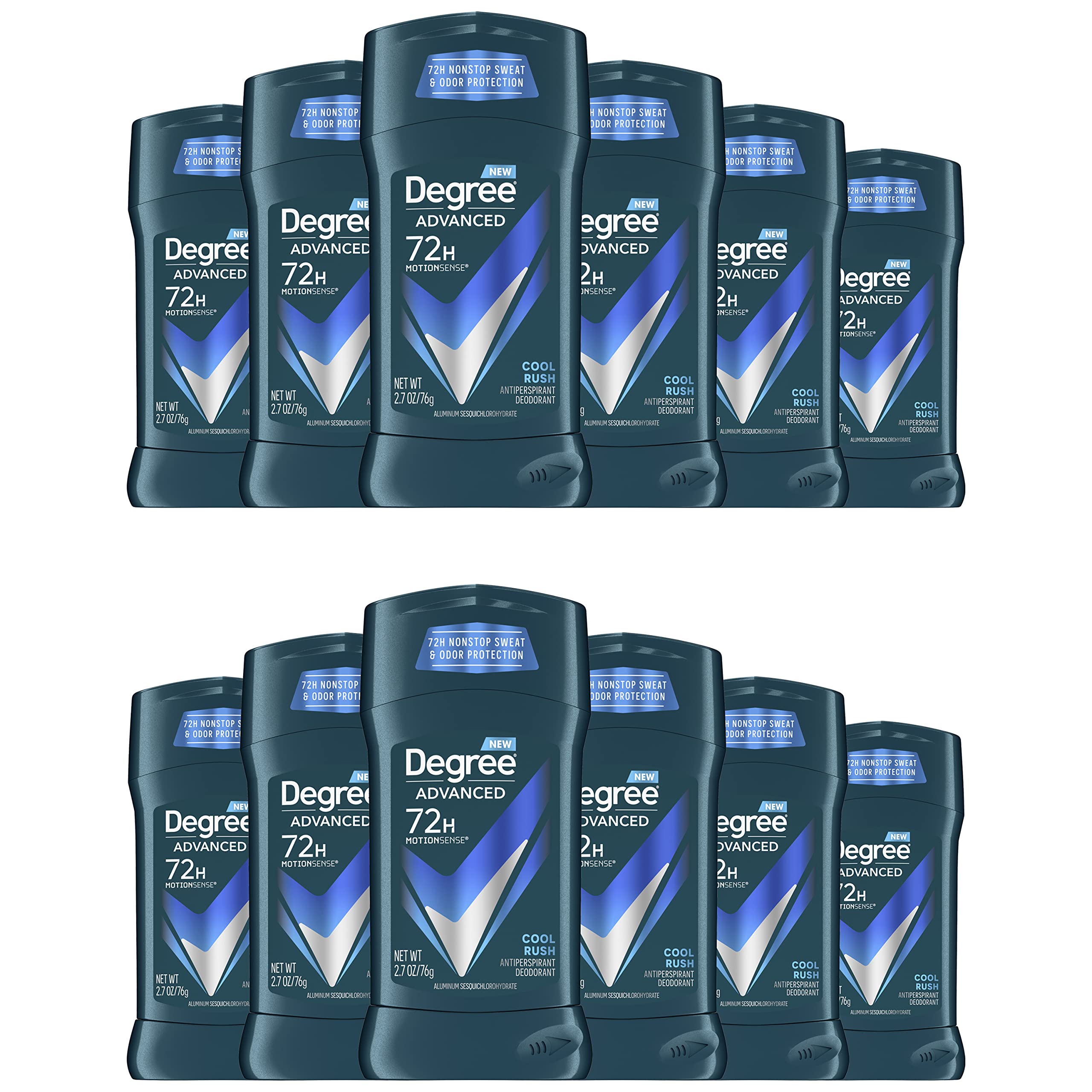 Degree Men Advanced Protection Antiperspirant Deodorant Cool Rush, Pack of 12, 72-Hour Sweat and Odor Protection Antiperspirant For Men With MotionSense Technology 2.7 oz