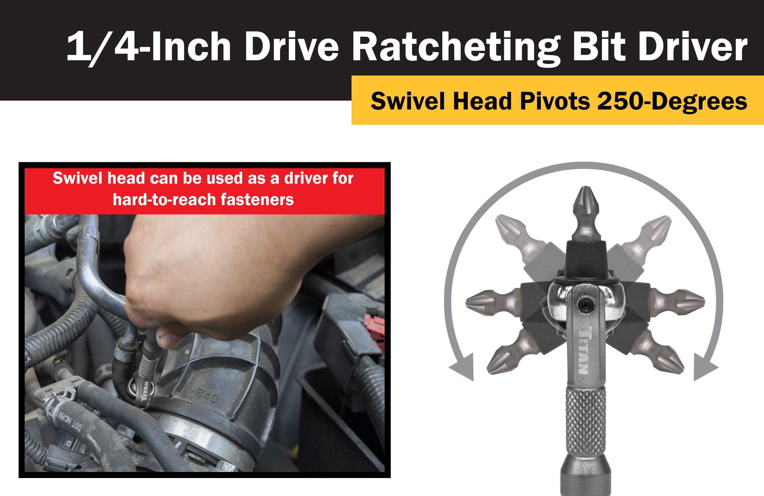 Titan 11318 1/4-Inch Drive x 4-Inch 90-Tooth Swivel Head Micro Ratcheting Bit Driver - Silver