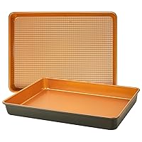 LUCYCAZ 15''x11''x2'' Deep Large Half Sheet Cake Pan Set, 1/2 Size Rectangle Copper Baking Pans Cookie Sheets Bakeware Toaster Oven Nonstick Set for Home Kitchen Muffin Bread Pan Heavy Duty, 2-Piece