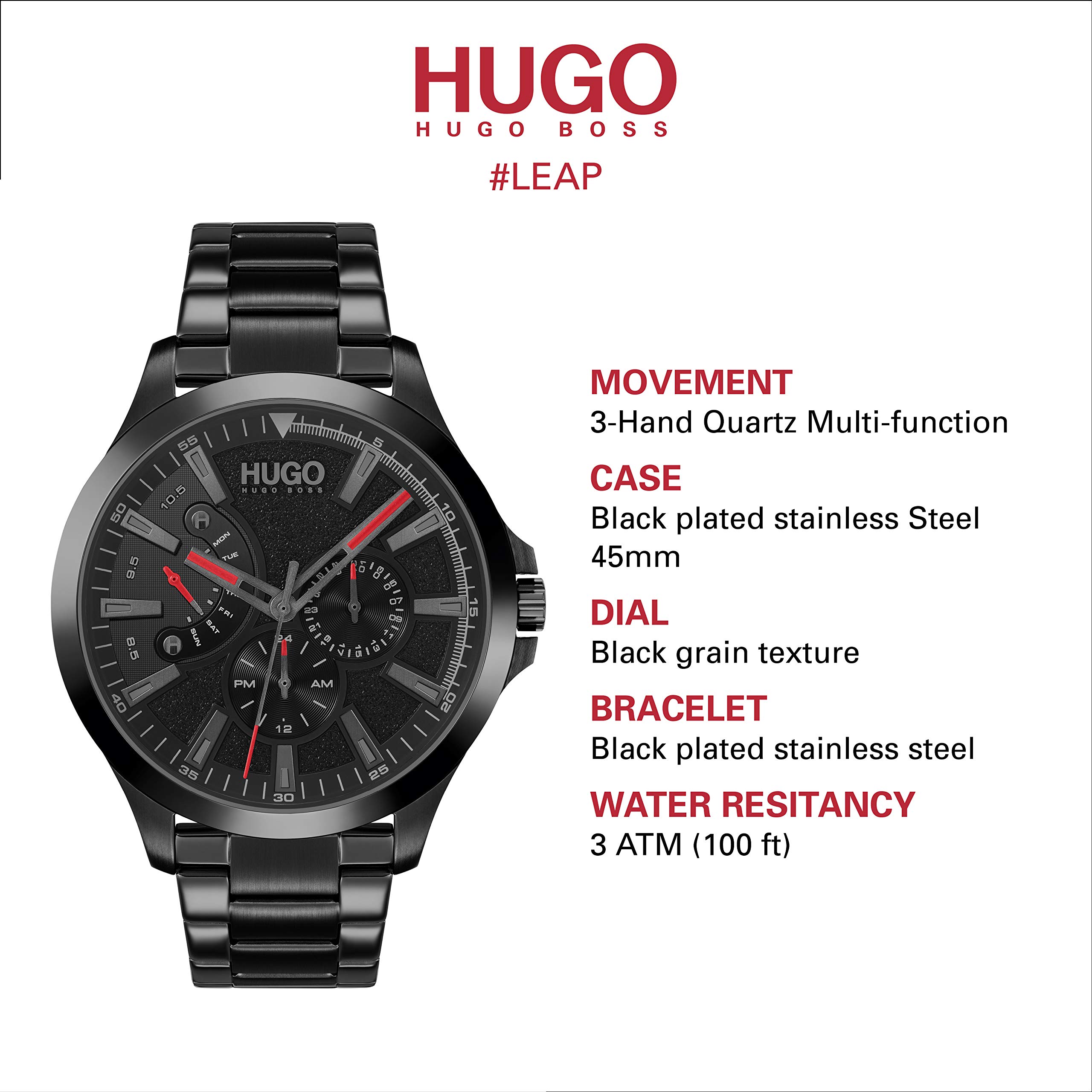 HUGO #LEAP Men's Multifunction Stainless Steel and Link Bracelet Casual Watch, Color: Black (Model: 1530175)