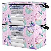 Cupcakes Lollipops and Berries Clothes Storage, Foldable Blanket Storage Bags, 95L Storage Containers for Organizing Bedroom, Closet, Clothing, Comforter, Organization and Storage with Lids and Handle