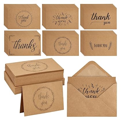 Best Paper Greetings 36 Pack Rustic Kraft Paper Material Thank You Cards with Envelopes for Wedding, Baby Shower, Birthday Party, 4 x 6 in
