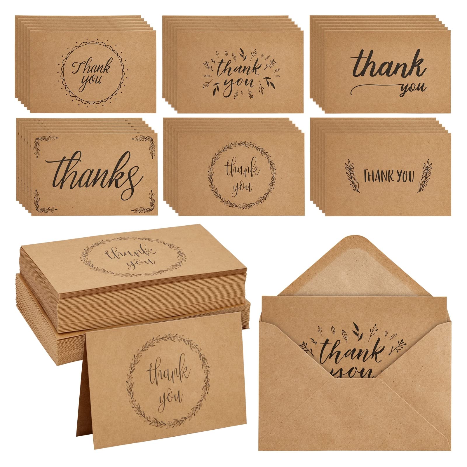 Thank You Cards - 36-Count Thank You Notes, Kraft Paper Bulk Thank You Cards Set - Blank on The Inside, Handwritten Style, Includes Thank You Cards and Envelopes, 4 x 6 inches