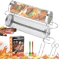 2 Pcs Stainless Steel Grill Mesh, Rolling Grill Baskets for Outdoor Grill, Grill Accessories for Outdoor Grill - Outdoor Rolling BBQ Basket for Chicken, Meat, Fish, Steak, Vegetables, Kabobs, Chops, Seafood- Grilling Gifts for Men Dad Husband Him