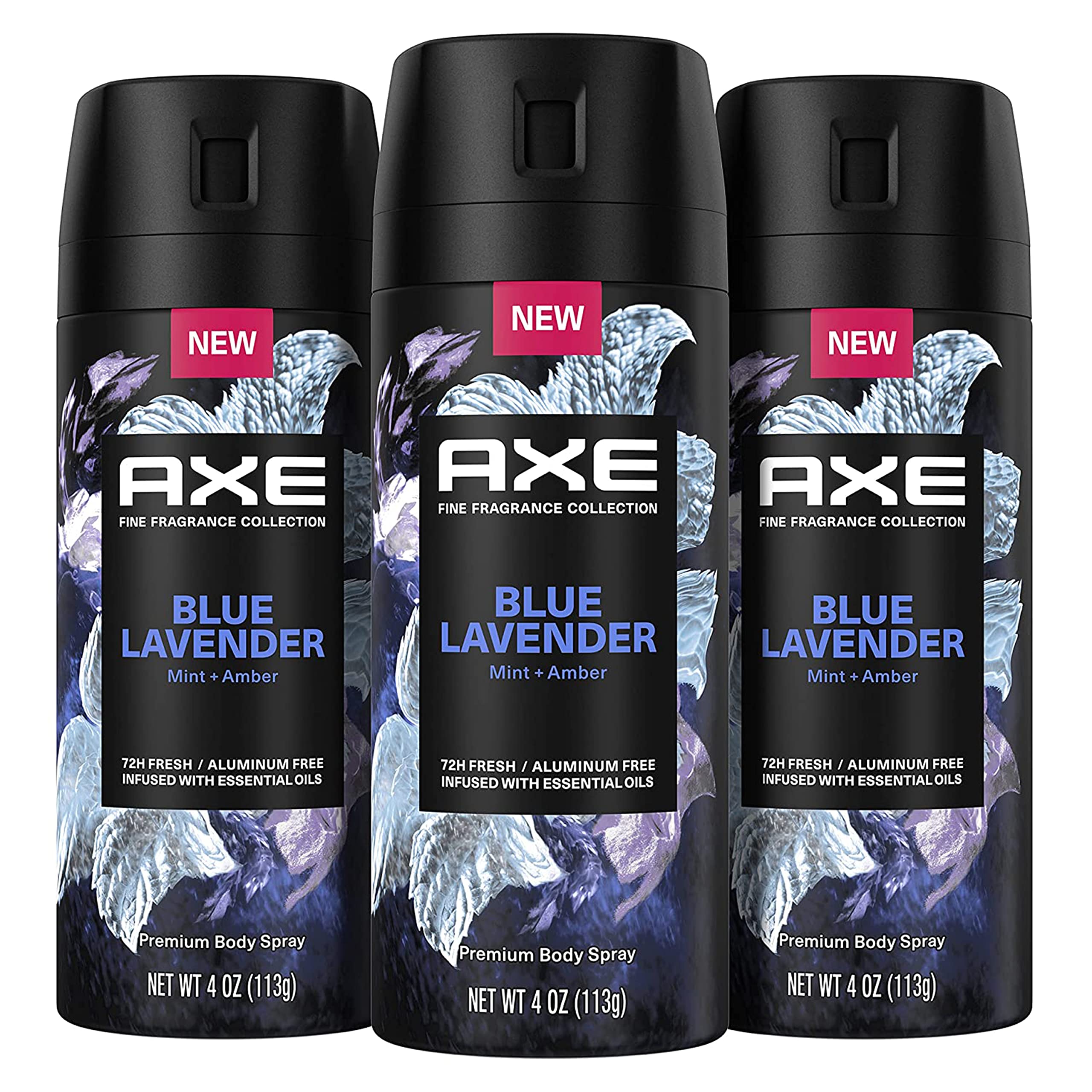 AXE Fine Fragrance Collection Premium Deodorant Body Spray For Men Blue Lavender 3 Count With 72H Odor Protection And Freshness Infused With Lavender, Mint, And Amber Essential Oils 4oz