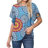PrinStory Womens Oversized Tops Summer Short Ruffle Sleeves Blouse Casual Round Neck Shirt