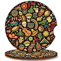 Set of 2, Car Coasters, Cartoon Latin American Mexican Pattern, Absorbent Cork Base Round Car Drinks Cup Holder Coaster