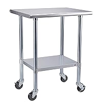ROCKPOINT Stainless Steel Table for Prep & Work with Caster 30x24 Inches, NSF Metal Commercial Kitchen Table with Adjustable Under Shelf and Table Foot for Restaurant, Home and Hotel