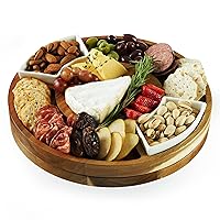 Twine Rotating Wood Serving Round Charcuterie Lazy Susan Wooden Cheese Board Set with Ceramic Dishes-Set of 1