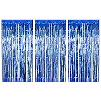 3 Pack 3.3 x 6.6 ft Blue Foil Fringe Curtains, Metallic Tinsel Curtain Backdrop for Parties, Door Wall Streamers, Glitter Streamer for Birthday, Photo Booth Props, Christmas Party Decor
