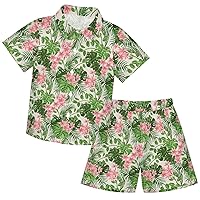 visesunny Toddler Boys 2 Piece Outfit Button Down Shirt and Short Sets Tropical Hibiscus Floral Boy Summer Outfits