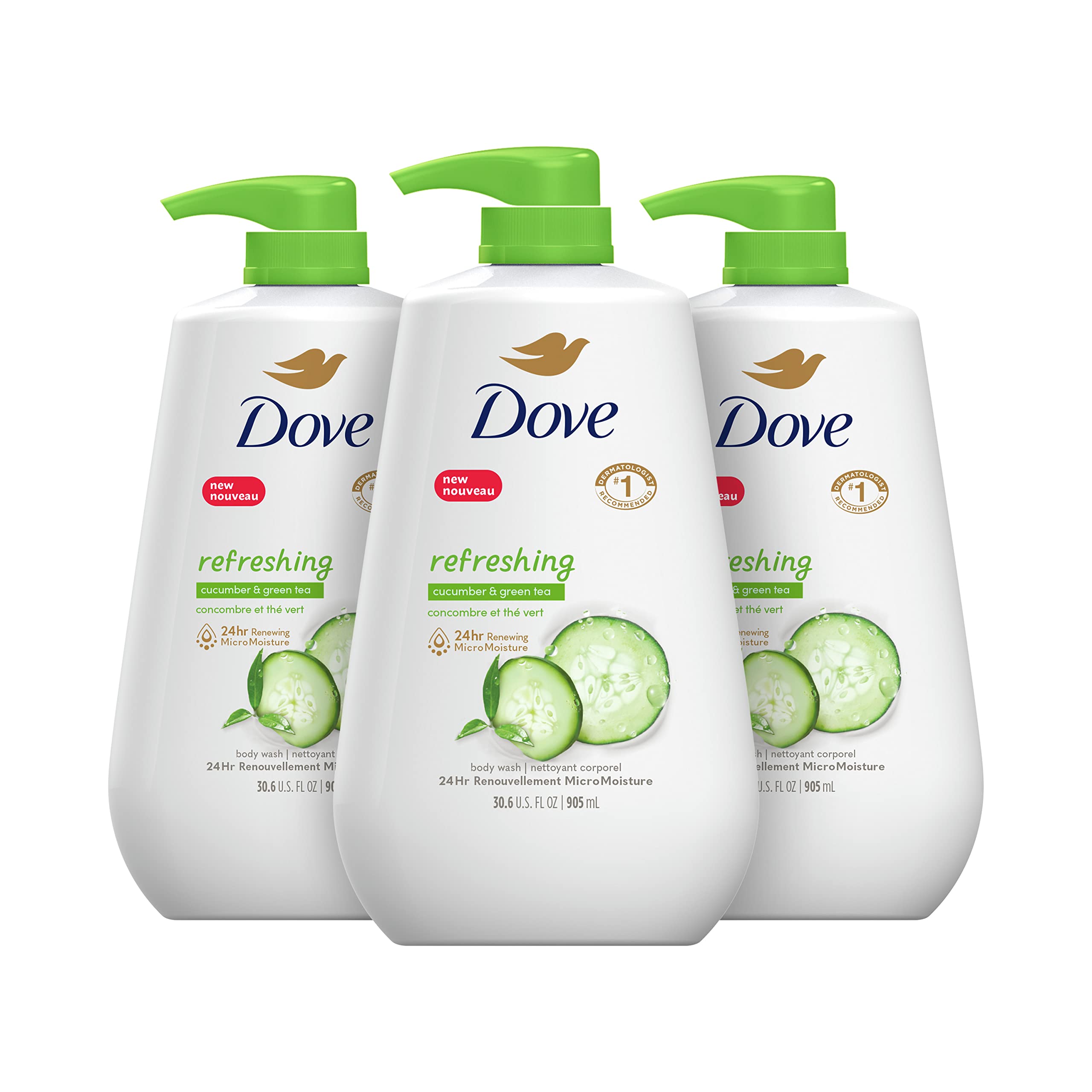Dove Body Wash with Pump Refreshing Cucumber and Green Tea 3 Count Refreshes Skin Cleanser That Effectively Washes Away Bacteria While Nourishing Your Skin 30.6 oz