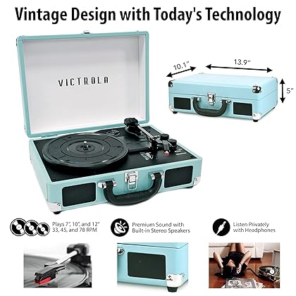 Victrola Vintage 3-Speed Bluetooth Portable Suitcase Record Player with Built-in Speakers | Upgraded Turntable Audio Sound| Includes Extra Stylus | Turquoise, Model Number: VSC-550BT