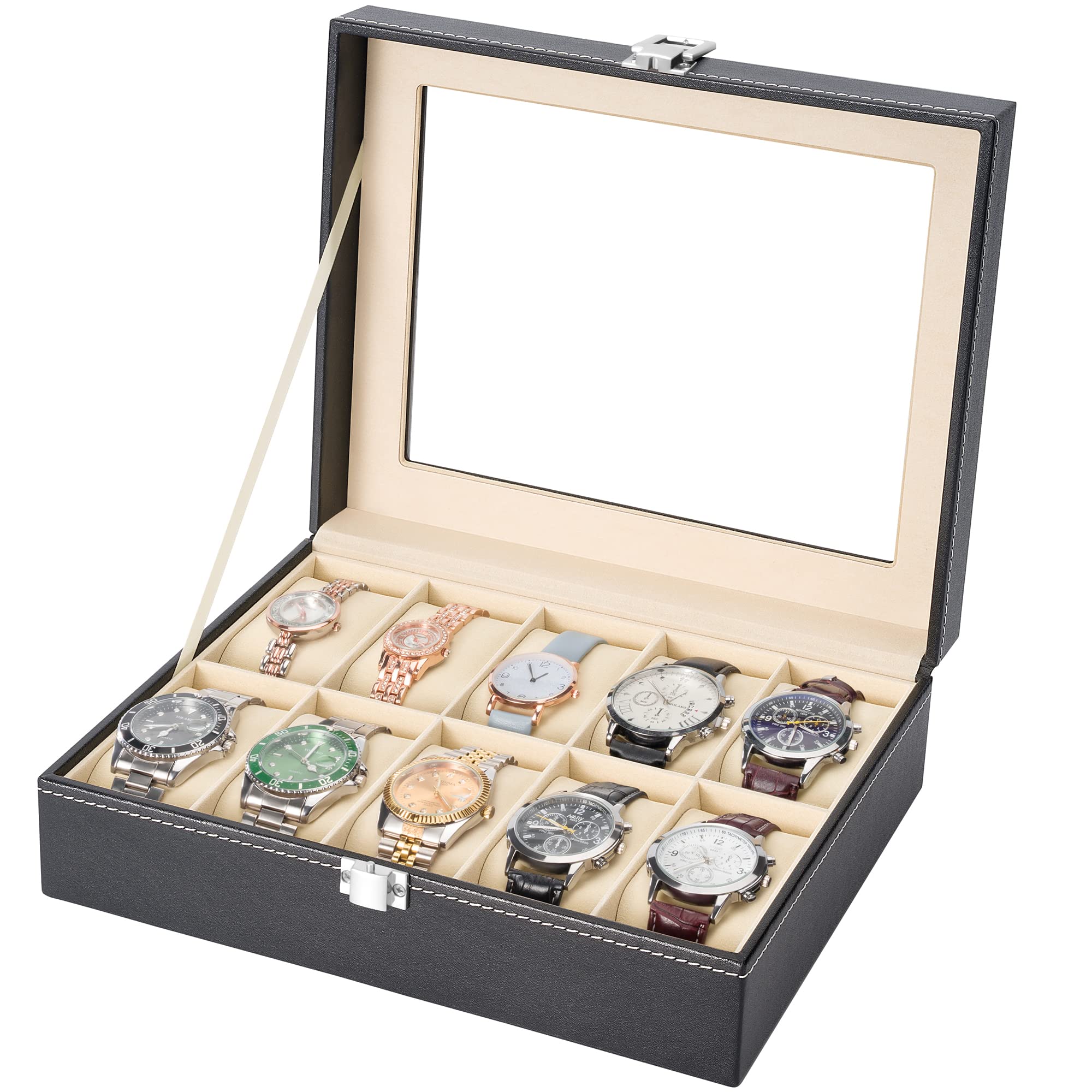 READAEER 10 Slot PU Leather Watch Box Display Case Jewelry Organizer with Glass Top